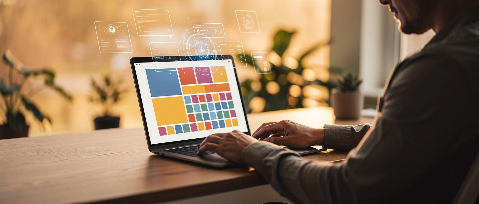 Designer working on a color palette and digital interface mockups on a laptop at a desk.