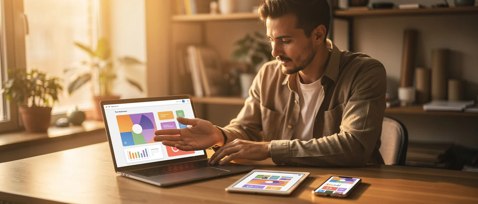 Man reviewing design layouts on a laptop with tablet and phone showing matching color-coded interface mockups.
