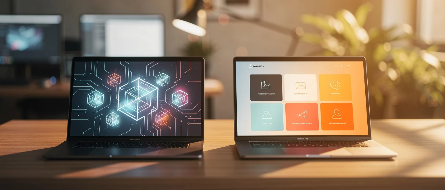 Two laptops on a desk displaying different screen interfaces, left shows geometric neon shapes, right shows a colorful grid o