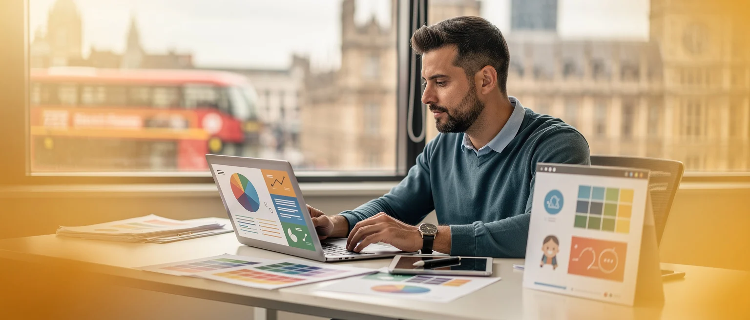 Man working at desk with laptop and analytics displays, London cityscape visible through window behind him.