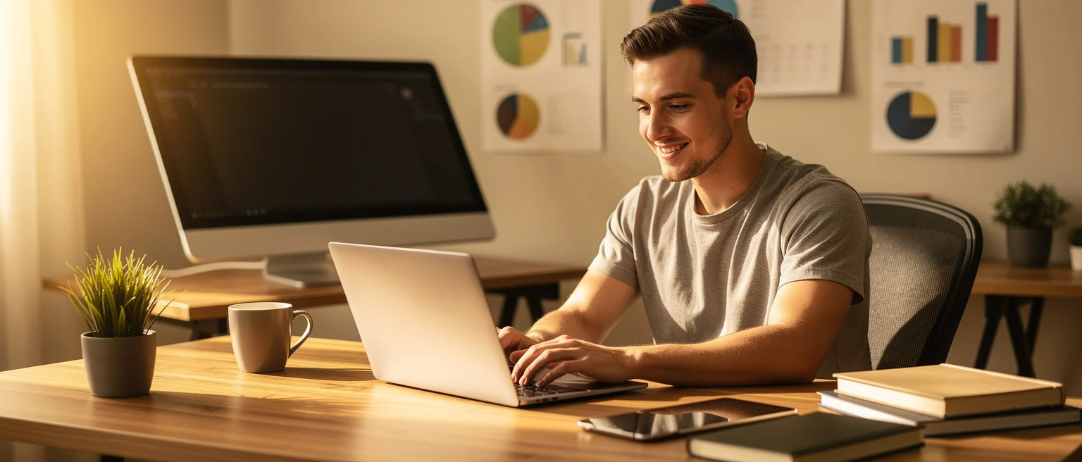 Man working on laptop at desk with desktop monitor, coffee, plant, and books in office setting.