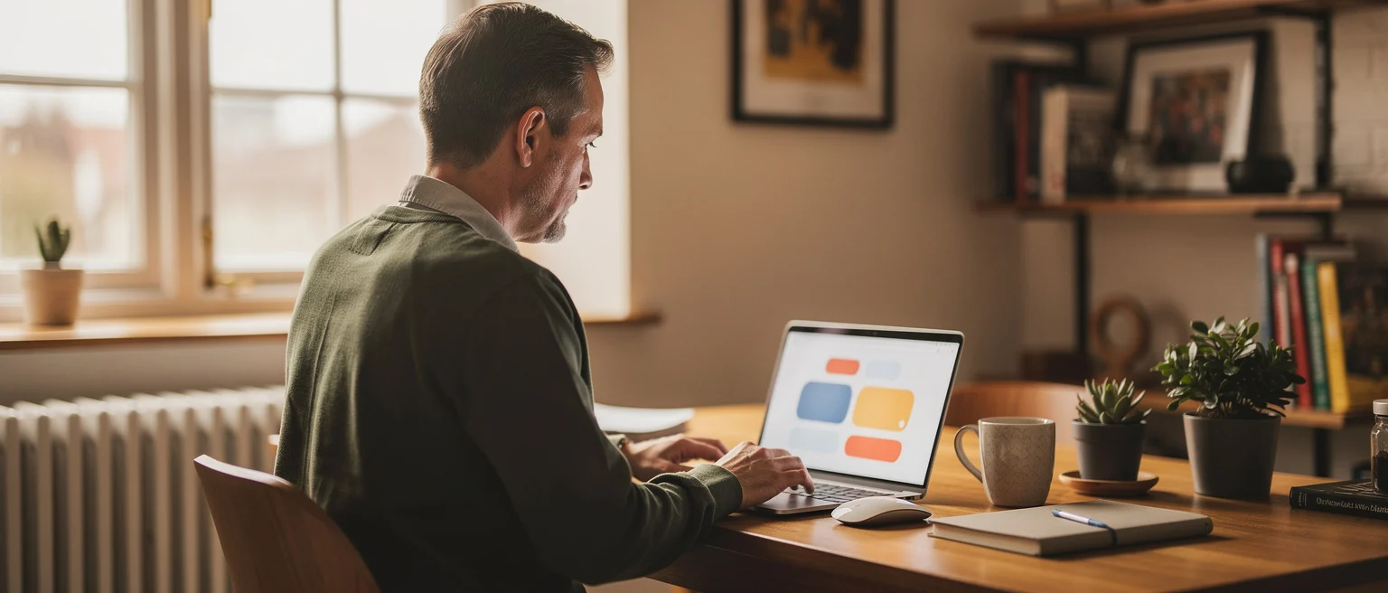 Man working at wooden desk with laptop showing colorful squares, potted plants, and window with daylight behind him.