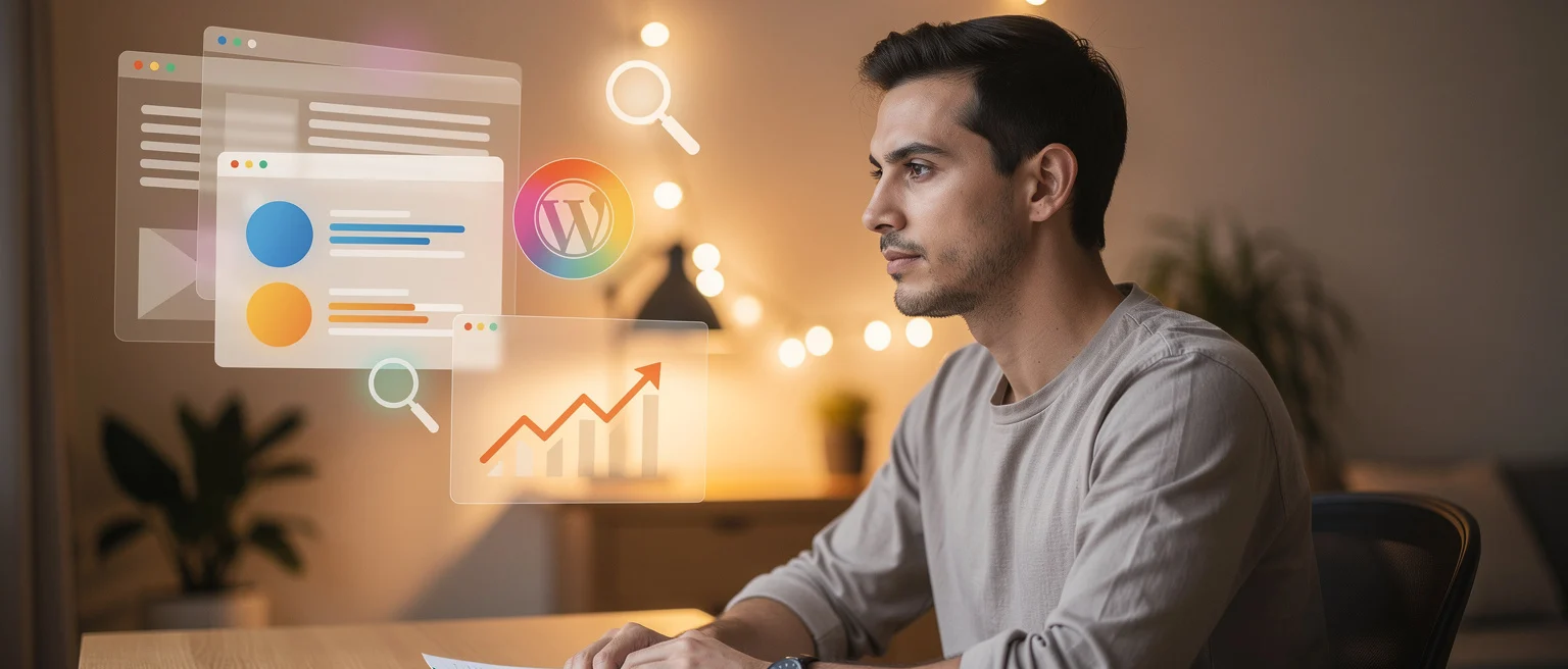 Man sitting at desk with holographic display showing web design, WordPress logo, search icons, and analytics graph.