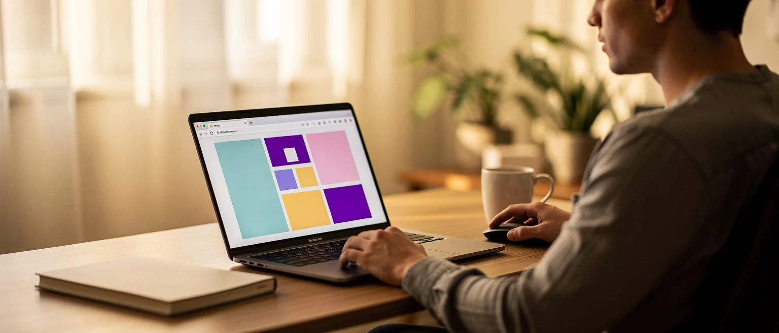Person at desk working on laptop displaying a colorful layout design, with coffee mug and notebook nearby.