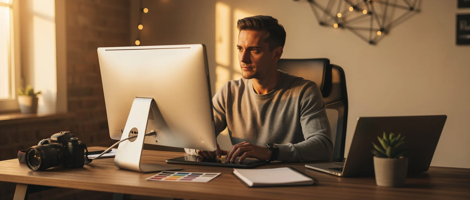 Man working at a desk with a desktop computer, laptop, camera, and plants in a sunlit home office.