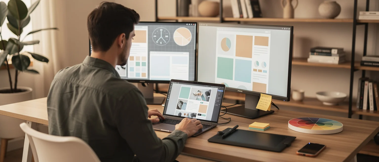 Designer working on laptop at desk with dual monitors displaying layout mockups and design tools.