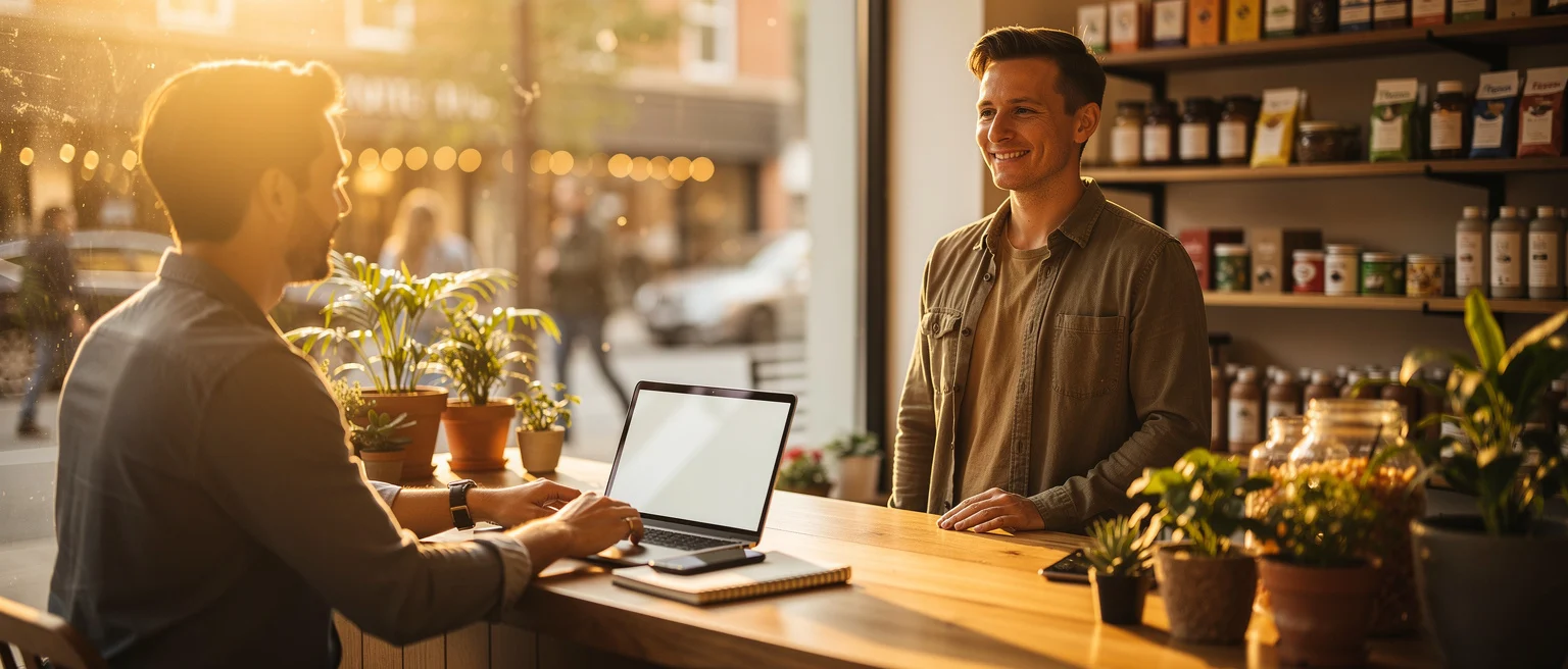 Man at counter with laptop talks to smiling employee in shop with shelves and potted plants.