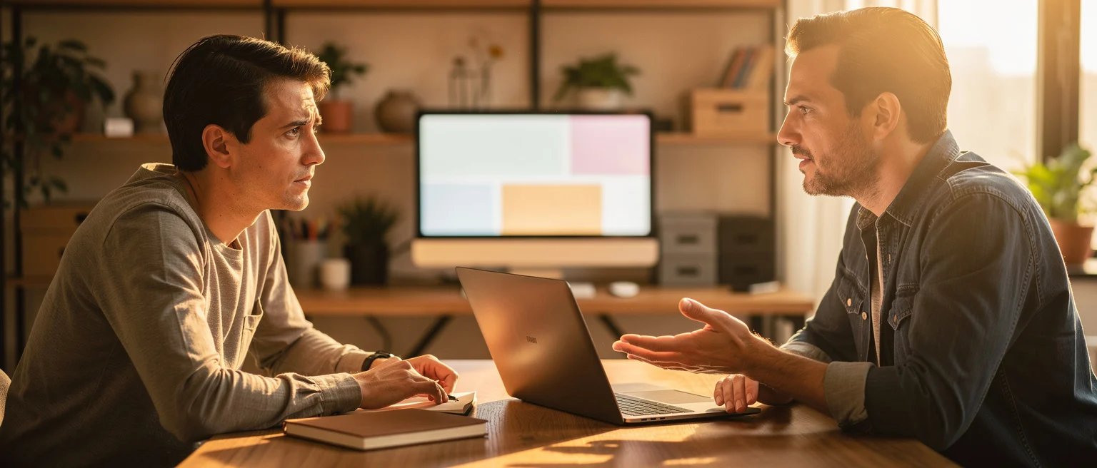 Two men having a discussion at a desk with laptops in a modern office with shelving and plants.