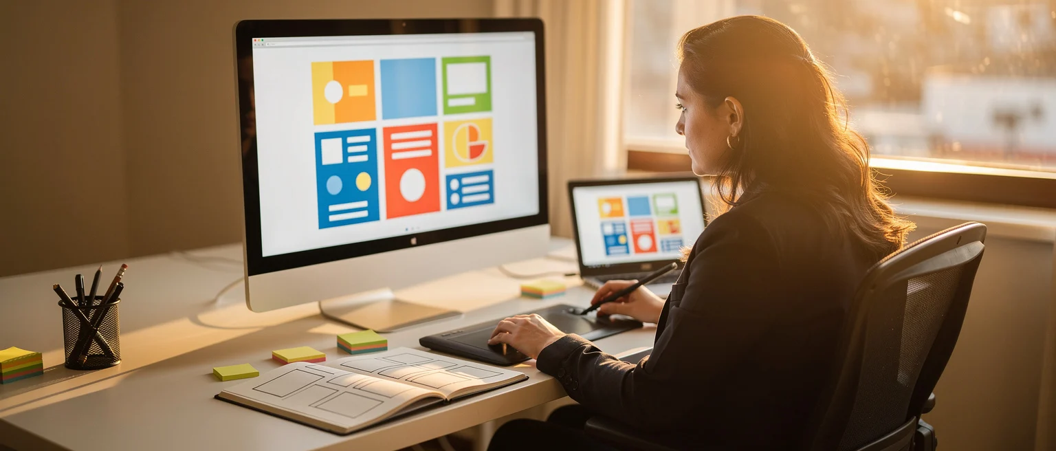 Woman at desk working on UI design displayed on desktop and laptop monitors.