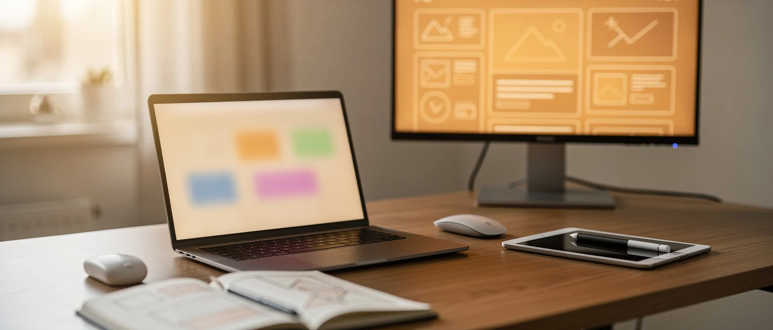 Desktop workspace with laptop showing colored rectangles, external monitor displaying wireframes, tablet, notebook, and mouse