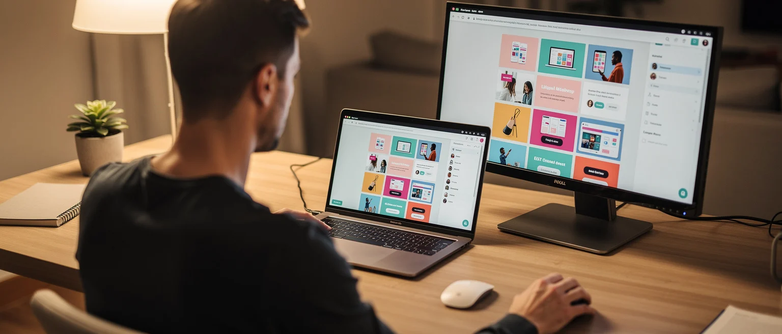 Person working at desk with laptop and monitor displaying colorful design portfolio or website layout.