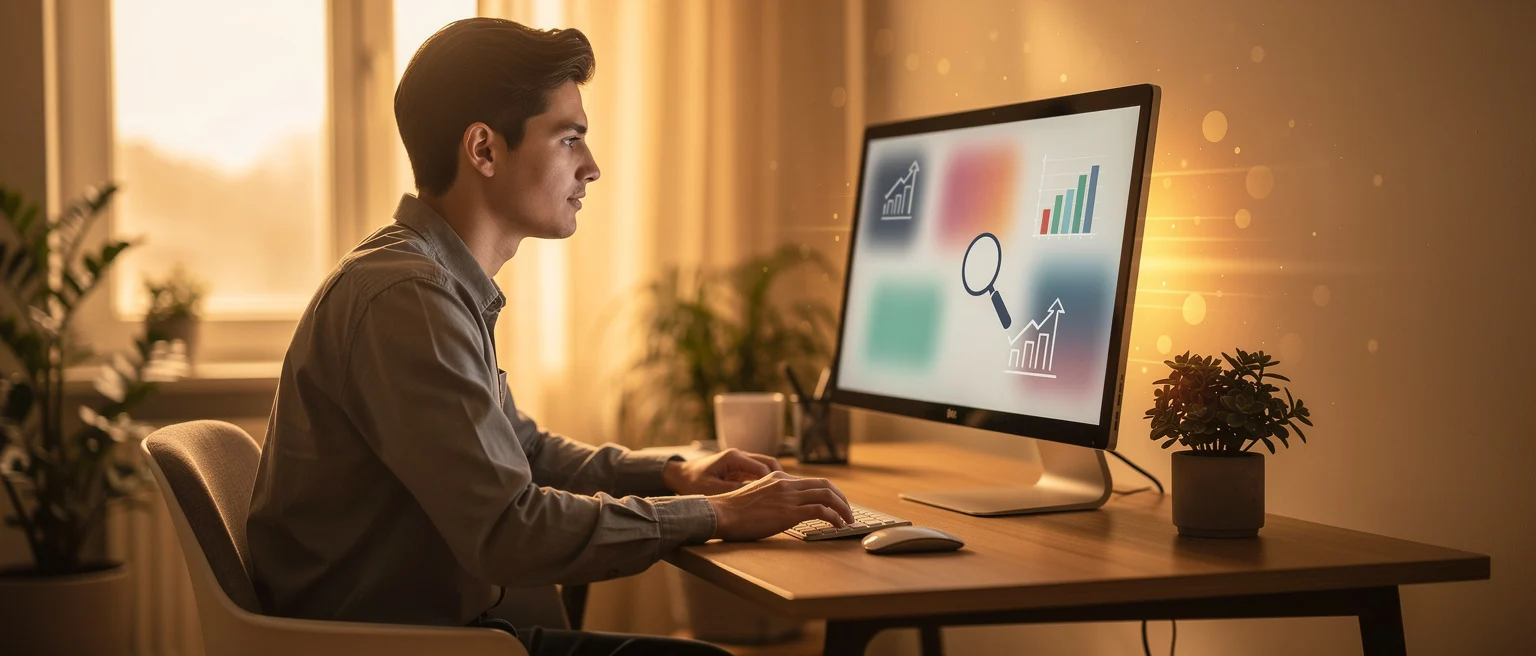 Man sitting at desk viewing analytics charts and graphs on computer monitor in warm-lit office with plants.
