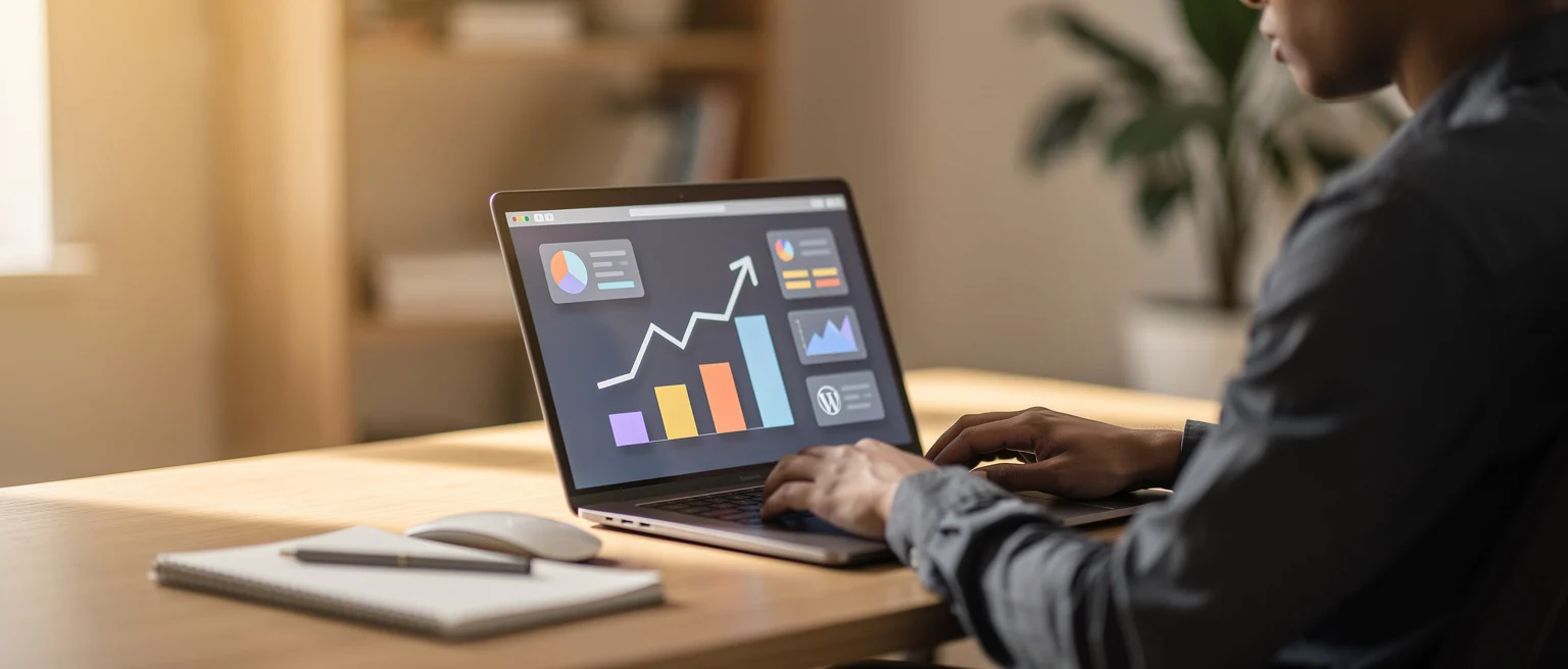 Person viewing business analytics dashboard with charts and graphs on laptop at wooden desk.