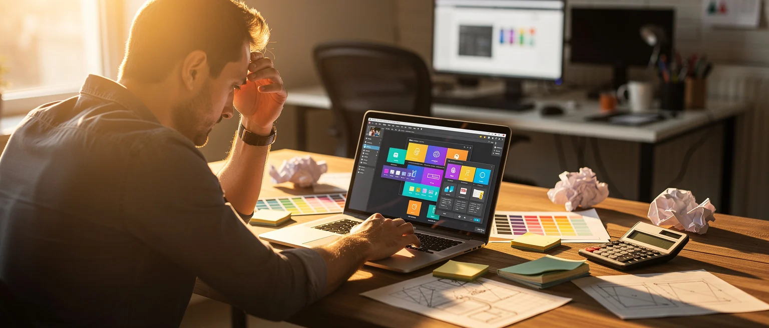 Designer working on a laptop with colorful UI mockups, surrounded by color swatches and sketches on a wooden desk.