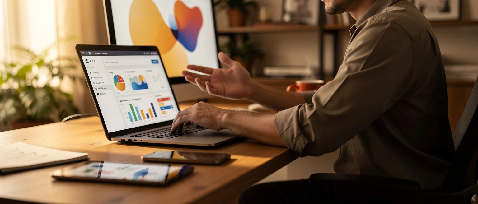 Man working at desk with laptop displaying analytics dashboard and charts, with colorful artwork on wall behind him.
