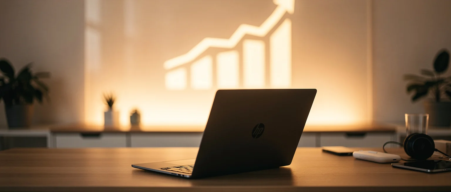 Laptop on wooden desk with upward trending chart displayed on screen behind it, warm office lighting.