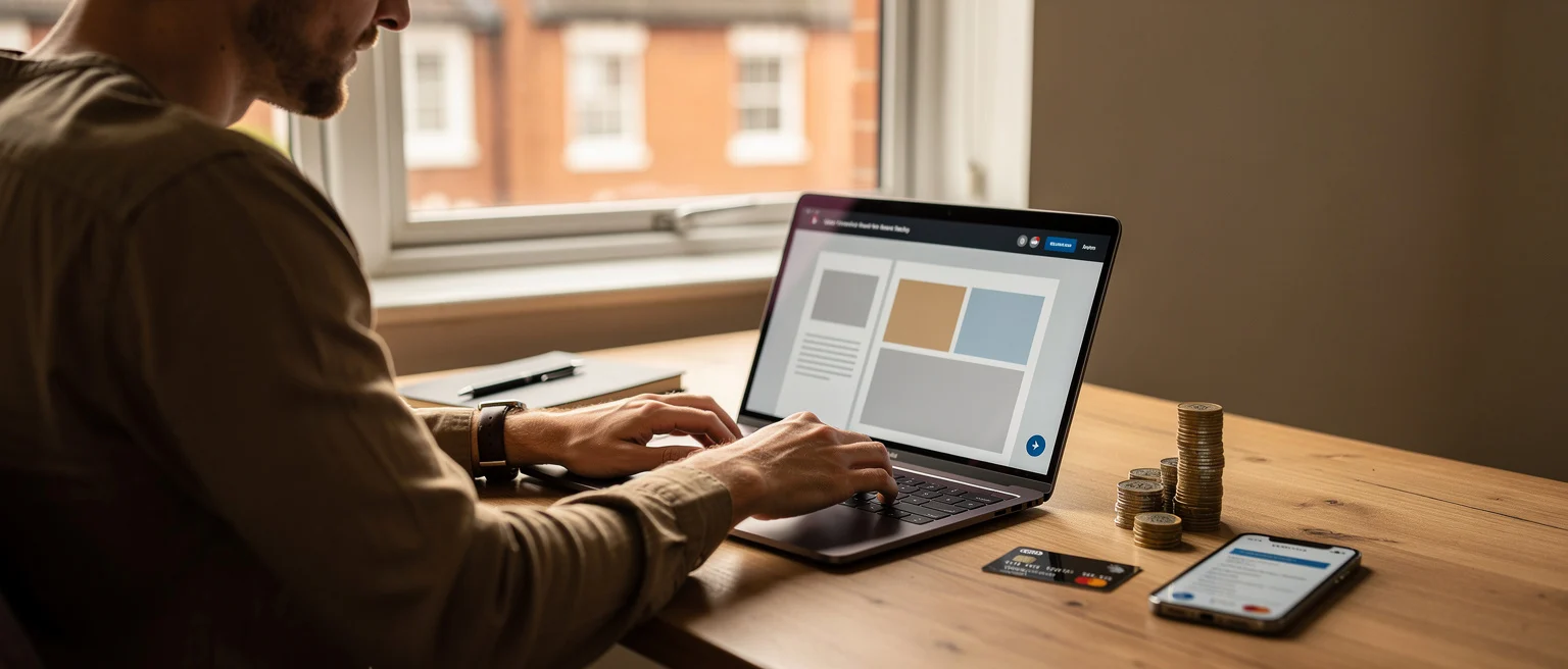 Man working on laptop displaying design layout, with stacked coins, credit card, and smartphone on wooden desk.