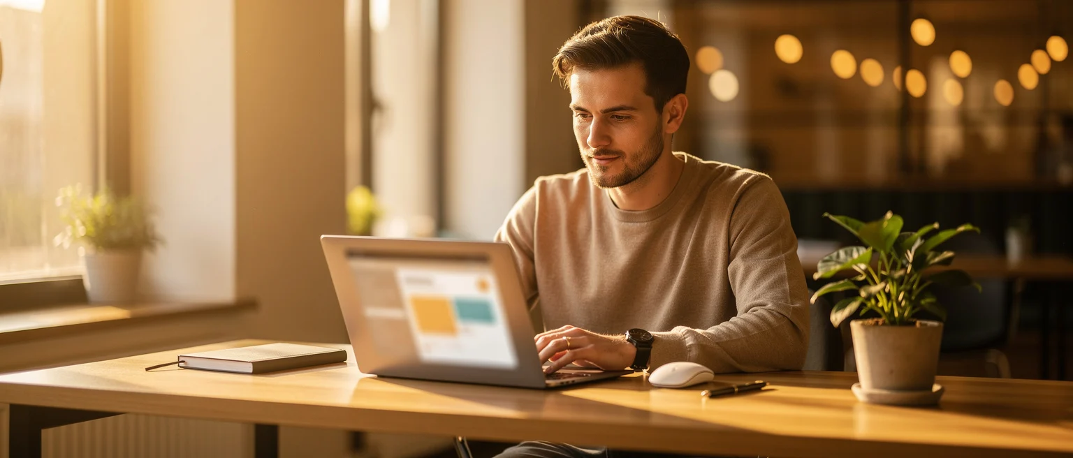 Man working at a wooden desk with a laptop, potted plant, notebook, and phone in a modern office space.