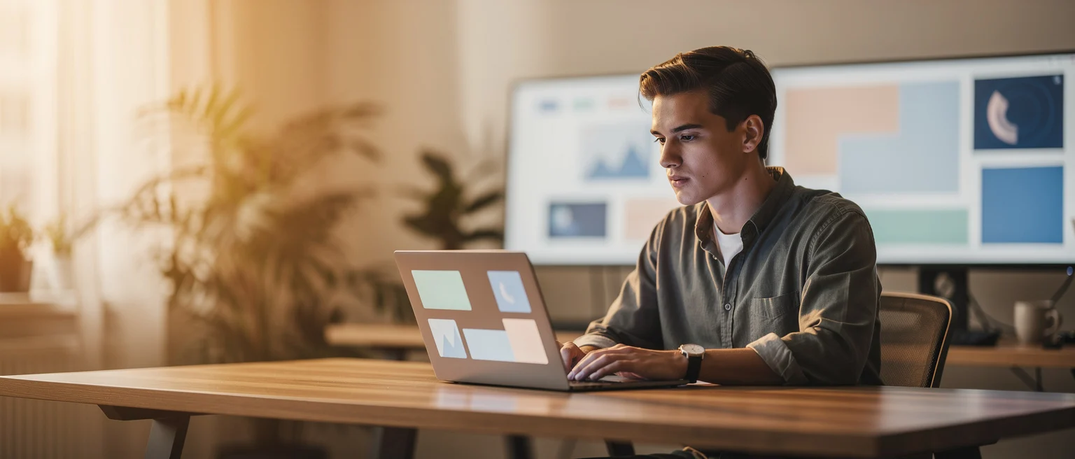 A man in a gray shirt works on a laptop at a wooden desk in a modern office with monitors and plants.