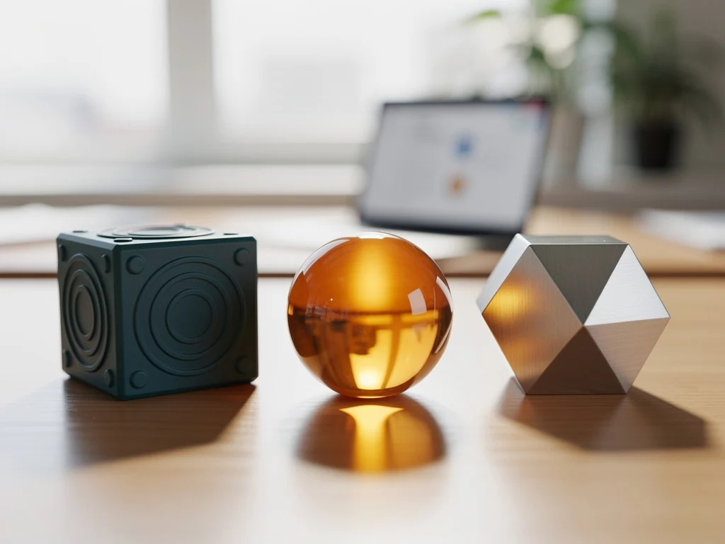 Three geometric desk ornaments, a black cube with circular patterns, a golden sphere, and a metallic polyhedron, on a wooden