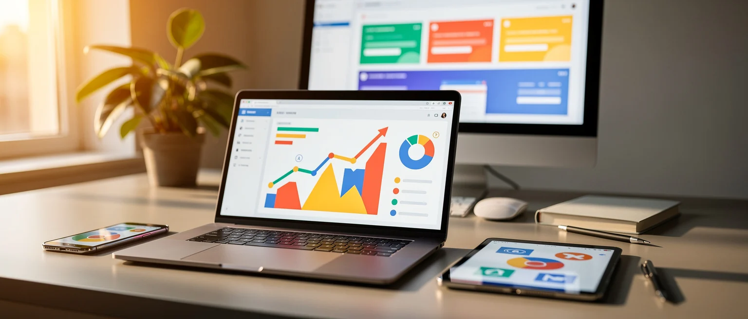 Laptop and mobile devices displaying colorful charts and graphs on a desk with a plant and monitor in background.