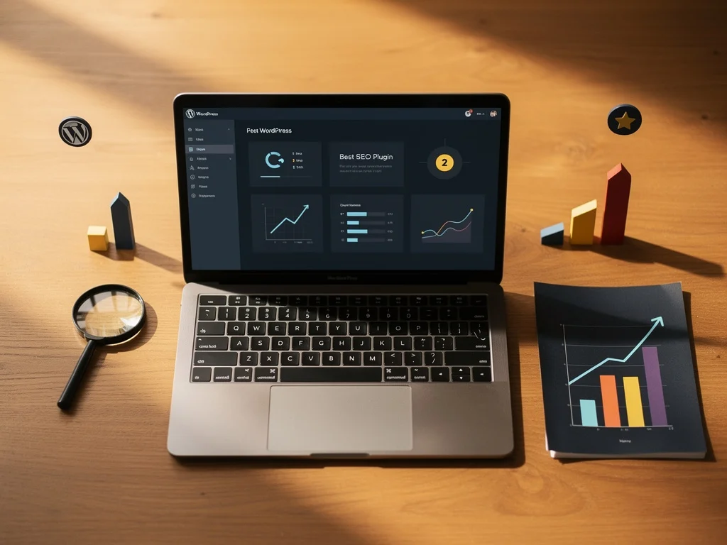Laptop displaying WordPress dashboard with SEO plugin surrounded by office items and charts on wooden desk.