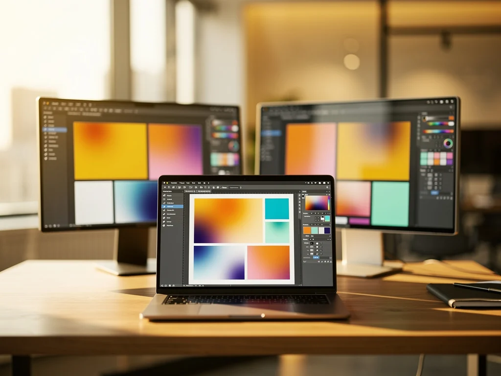 Graphic designer workstation with laptop and two monitors displaying color gradients and design software.