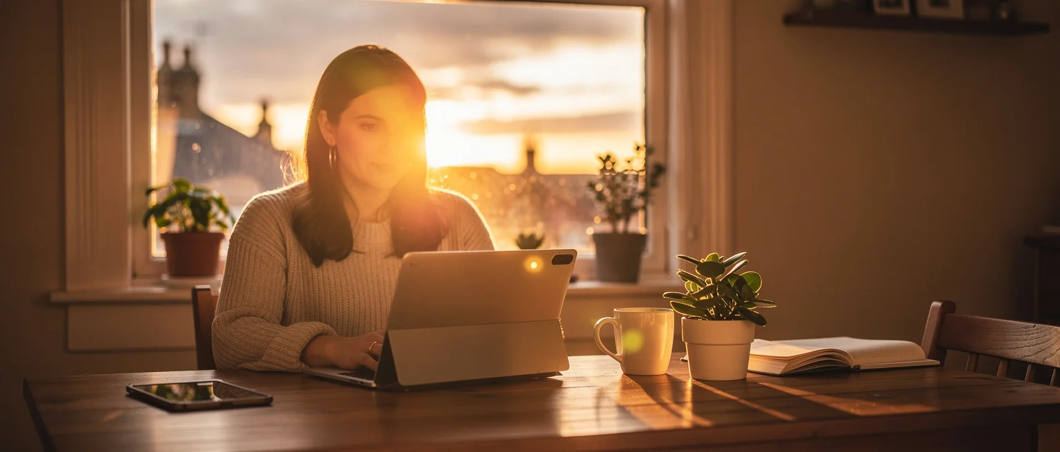 Woman working on tablet at desk by window during sunset, with coffee mug, phone, plants, and open book nearby.