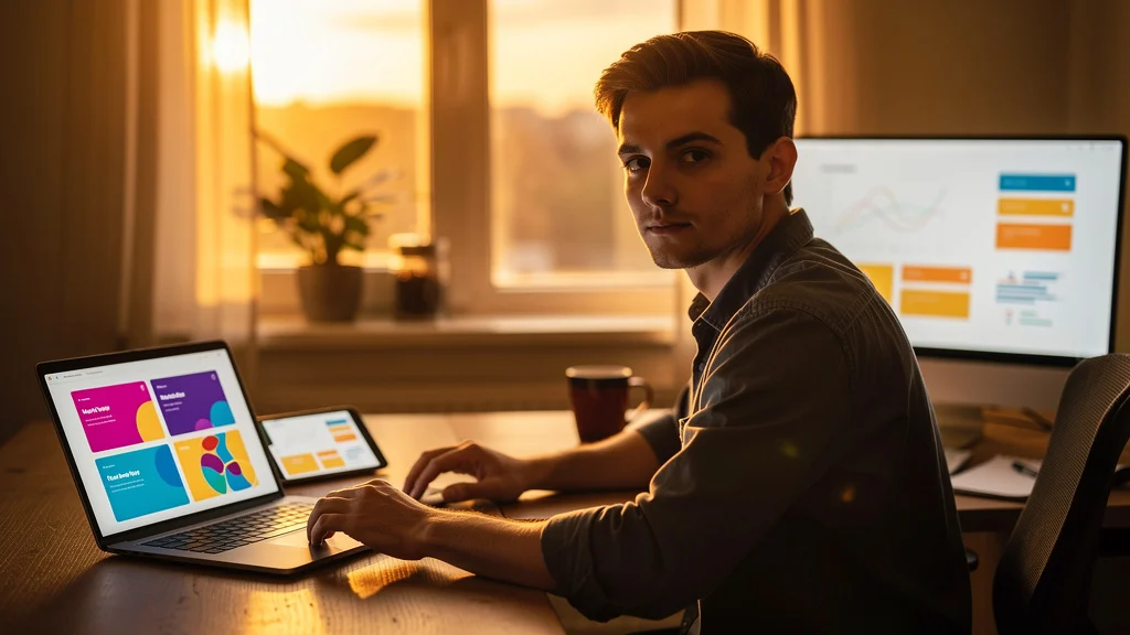 Man working at desk with laptop, tablet, and monitor displaying colorful dashboard charts at sunset.