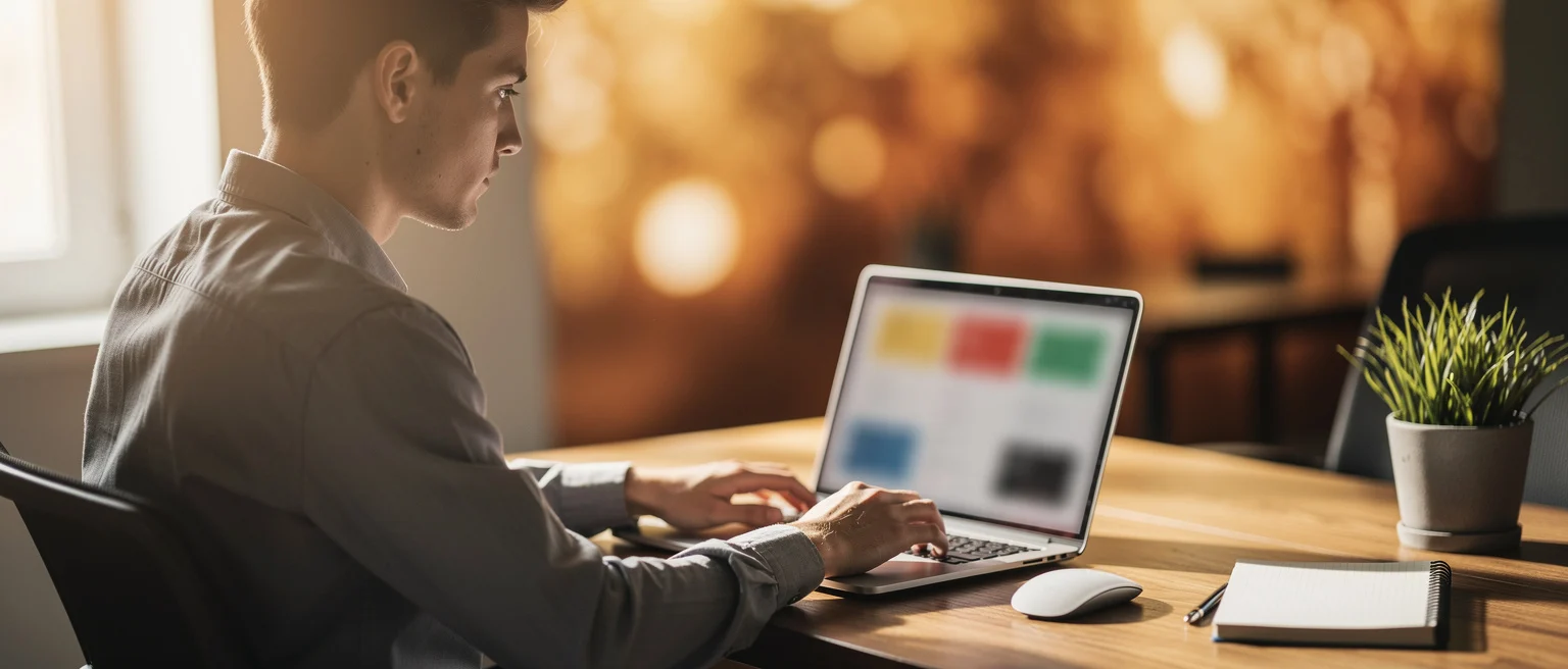 Man working at a laptop displaying colorful squares at a wooden desk with a plant and notebook.