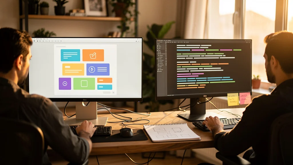 Two people review project timelines and app icons on dual monitors at a wooden desk with notebooks and sticky notes.