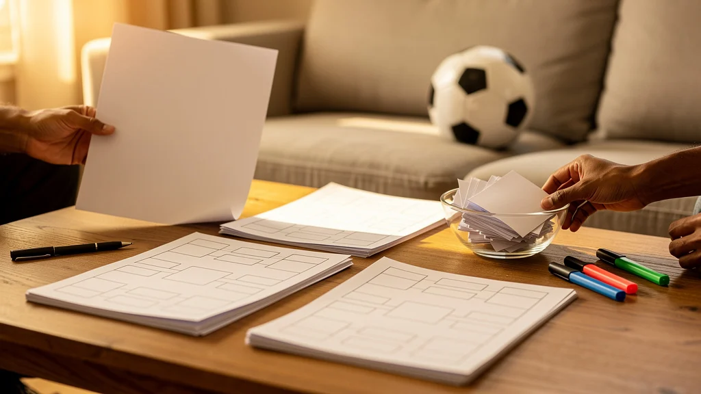 Person organizing papers and architectural sketches at a wooden desk with markers and a soccer ball visible in the background