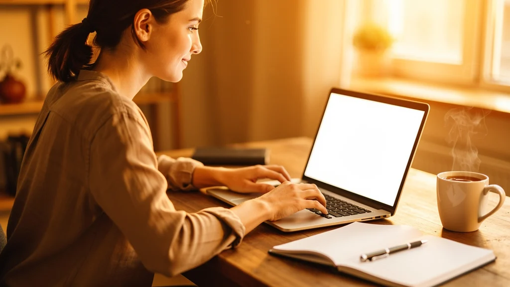 Woman working at a laptop on a wooden desk with a coffee mug and notebook nearby in warm indoor lighting.