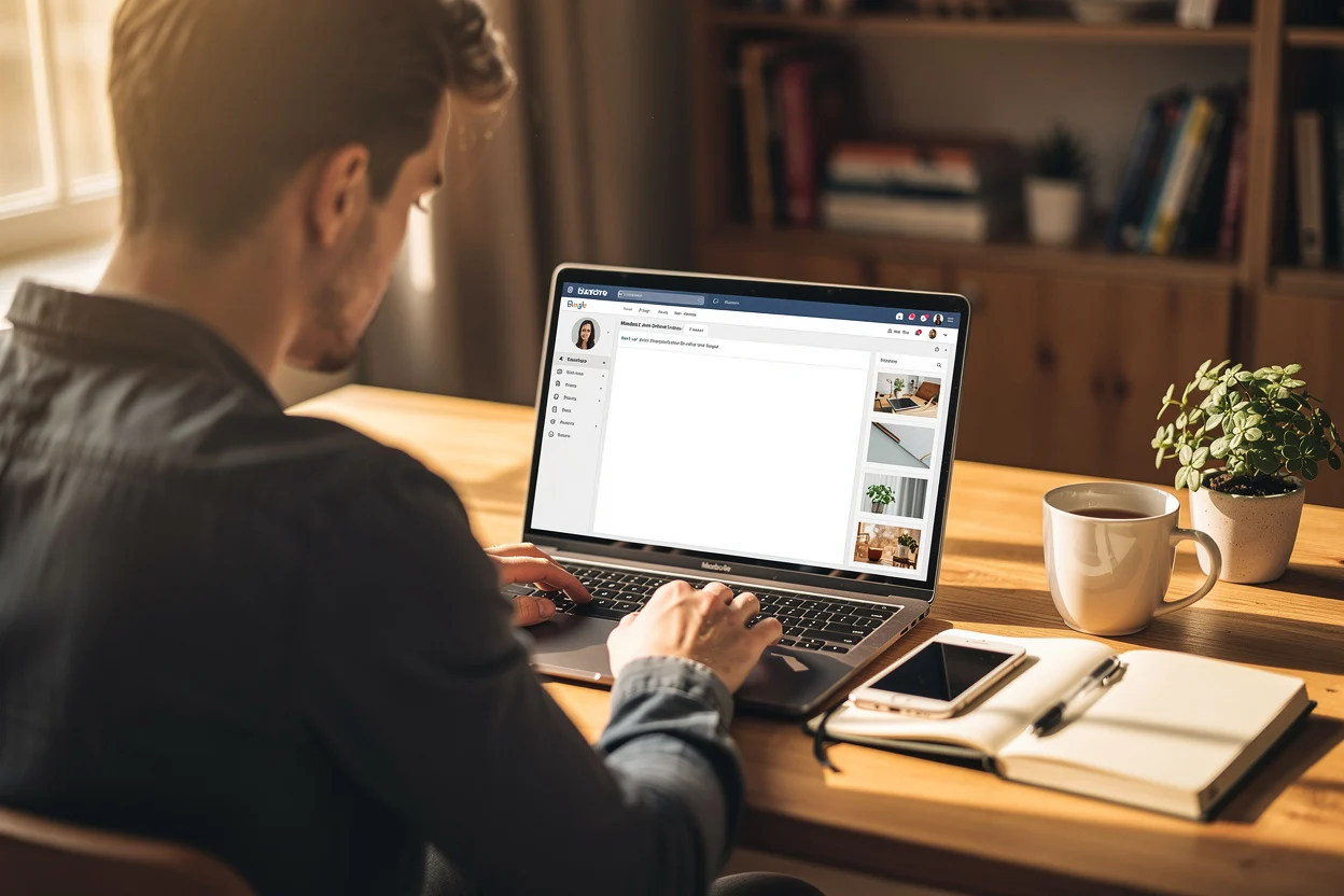 Man working at wooden desk with laptop displaying social media, coffee mug, potted plant, and notebook nearby.