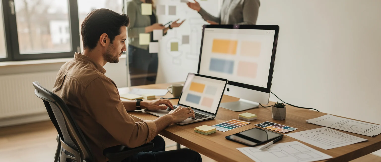 Designer working at desk with laptop and desktop monitor displaying color swatches and wireframes.