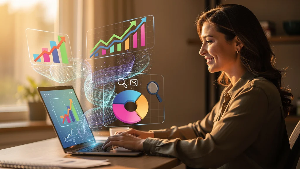 Woman working at laptop with holographic data visualization charts and analytics icons displayed above screen.