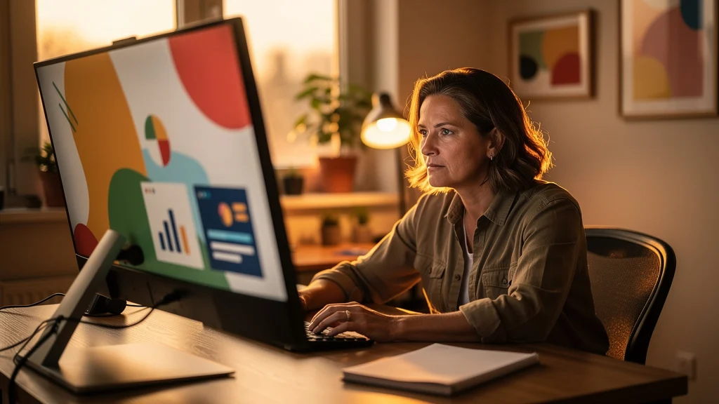 Woman working at desk with computer displaying colorful charts and graphs in warm-lit office space.
