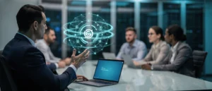 Business professional presenting digital network visualisation to colleagues in modern office meeting room.