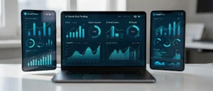 Three devices displaying ChatPT Rank analytics dashboards with bar charts, line graphs and performance metrics in cyan and da