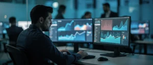 Man monitoring multiple data analytics charts and graphs on computer displays in a modern office environment.