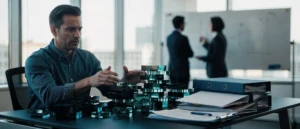 Man in denim shirt gestures towards an architectural model of a building whilst colleagues discuss plans in the background.