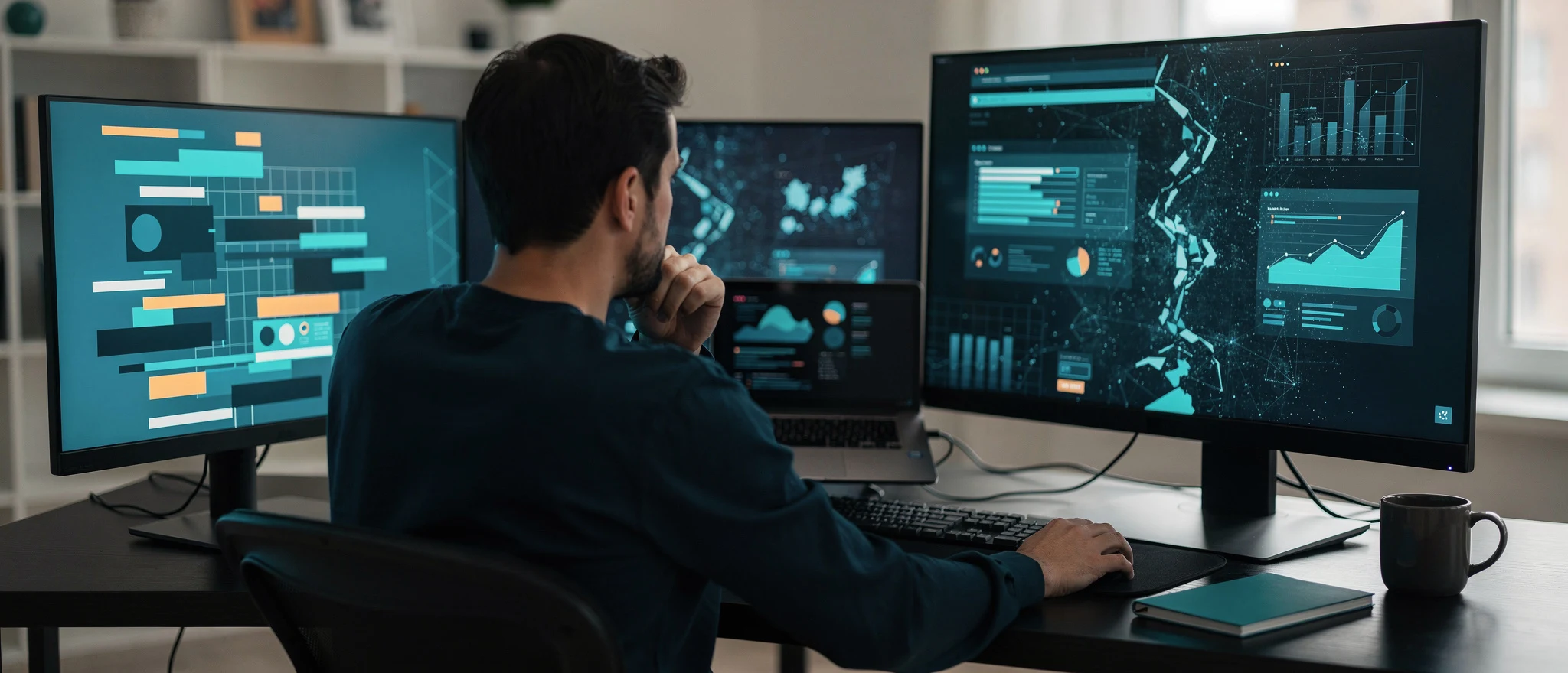 Man at desk viewing data analytics dashboards on three monitors with turquoise and orange graphs.