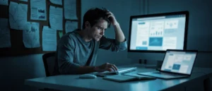 Man working late at desk with multiple screens displaying data charts, appearing stressed or concentrated.