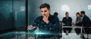 Man in dark shirt examining holographic network visualisation with interconnected nodes at glass table in office.
