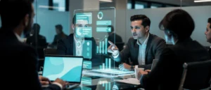 Businessman presenting holographic data visualisations and charts to colleagues in a modern office meeting.