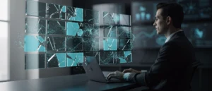 Businessman at laptop viewing digital display wall with turquoise network diagrams and connected nodes.
